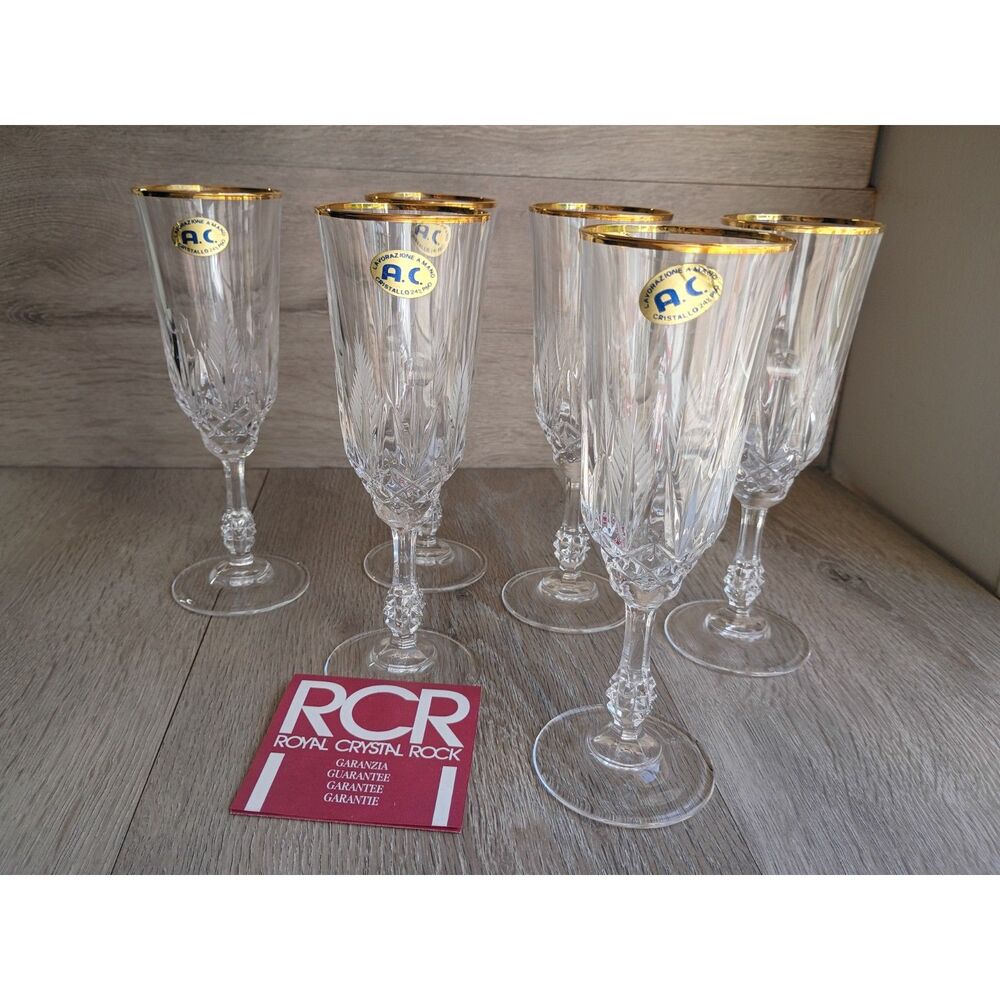 Milo Royal Crystal Rock Fluted Champaign Glasses Set of 6 Mint 24% Lead Crystal
